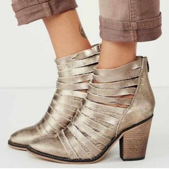 FREE PEOPLE Hybrid Strappy Cutout Silver Metallic Heeled Ankle Boots Sz 37 - Picture 13 of 14